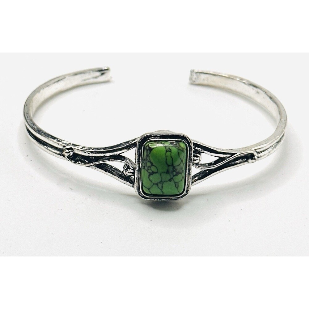 Boho Green Turquoise Style Cuff Bracelet Silver Tone Open Bangle Southwest